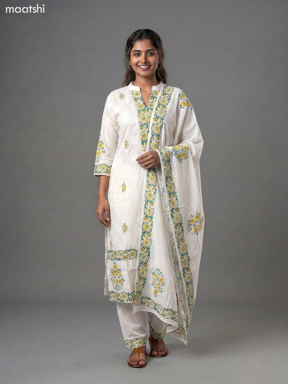 Off White and Green Yellow Cotton Block Printed Straight Suit