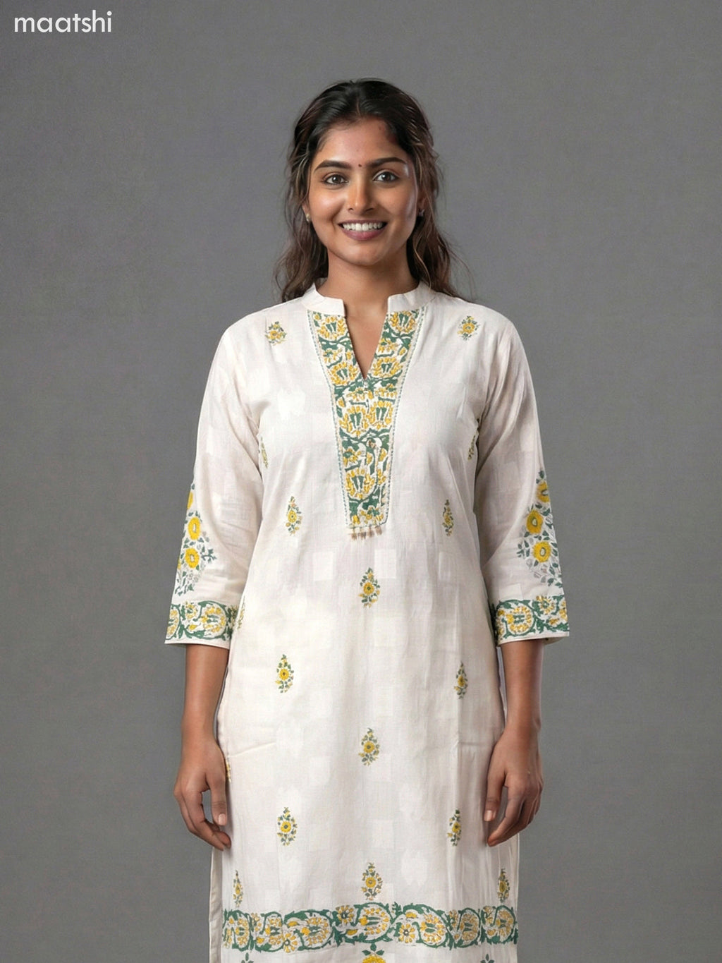 Off White and Green Yellow Cotton Block Printed Straight Suit