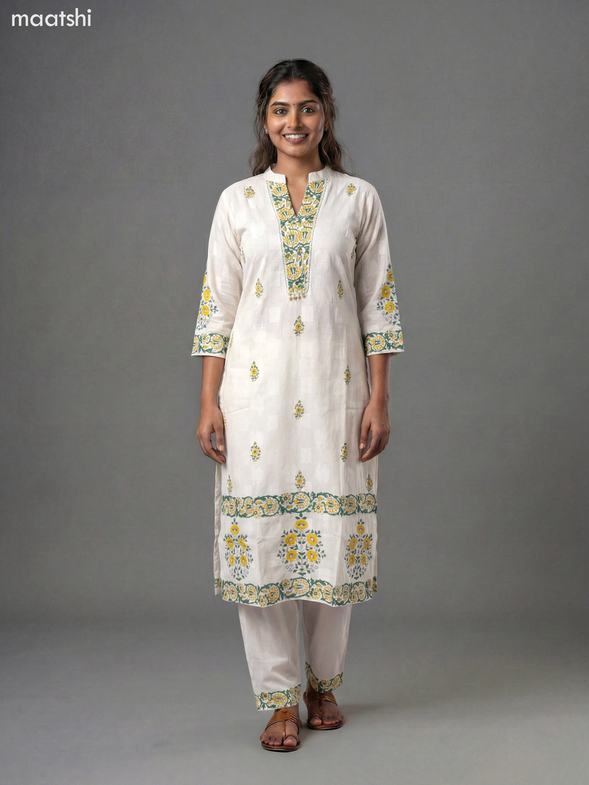 Off White and Green Yellow Cotton Block Printed Straight Suit