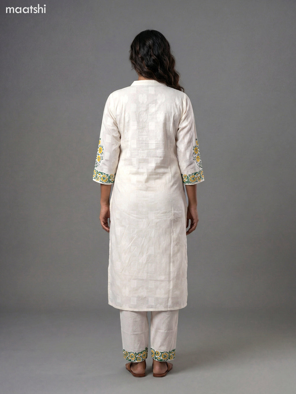 Off White and Green Yellow Cotton Block Printed Straight Suit