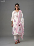 Off White and Pink Blue Cotton Block Printed & Mirror Work Straight Suit