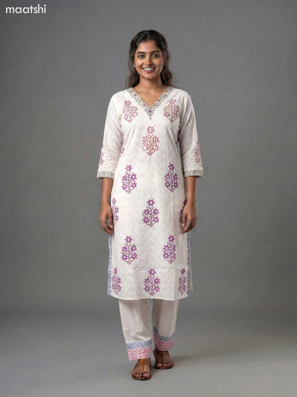 Off White and Pink Blue Cotton Block Printed & Mirror Work Straight Suit