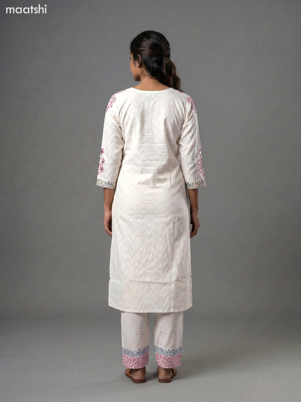 Off White and Pink Blue Cotton Block Printed & Mirror Work Straight Suit