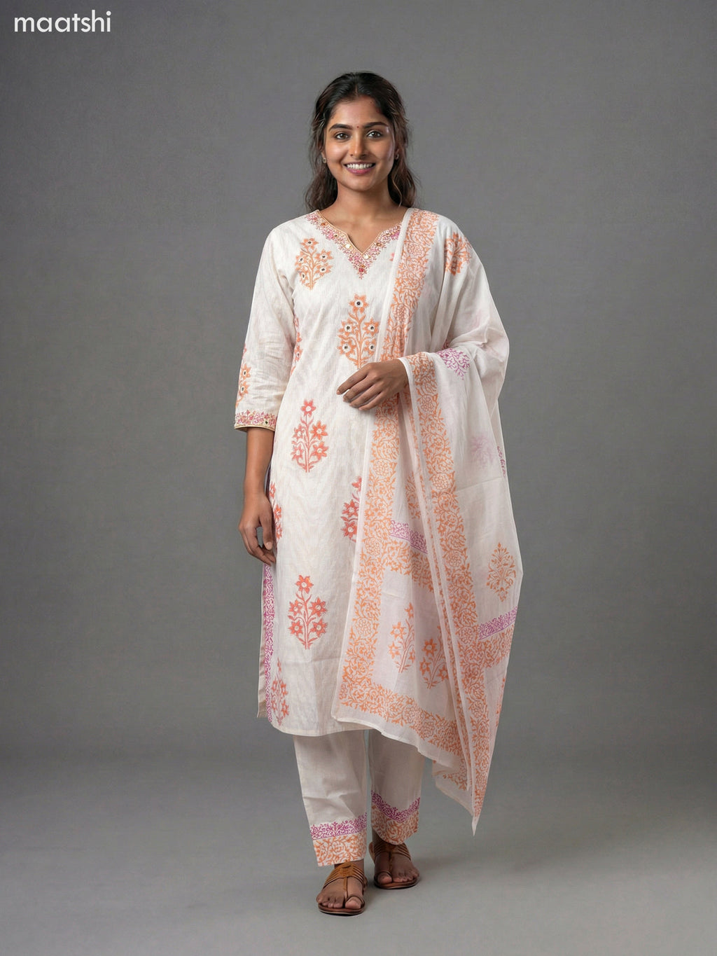 Off White and Peach Orange Cotton Block Printed & Mirror Work Straight Suit