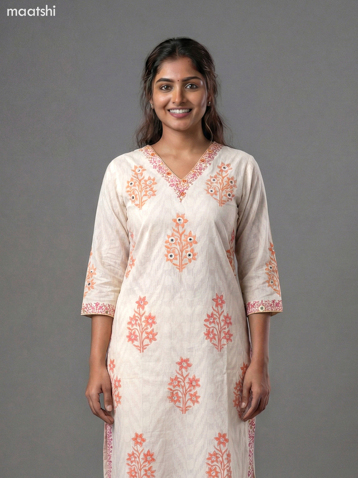Off White and Peach Orange Cotton Block Printed & Mirror Work Straight Suit