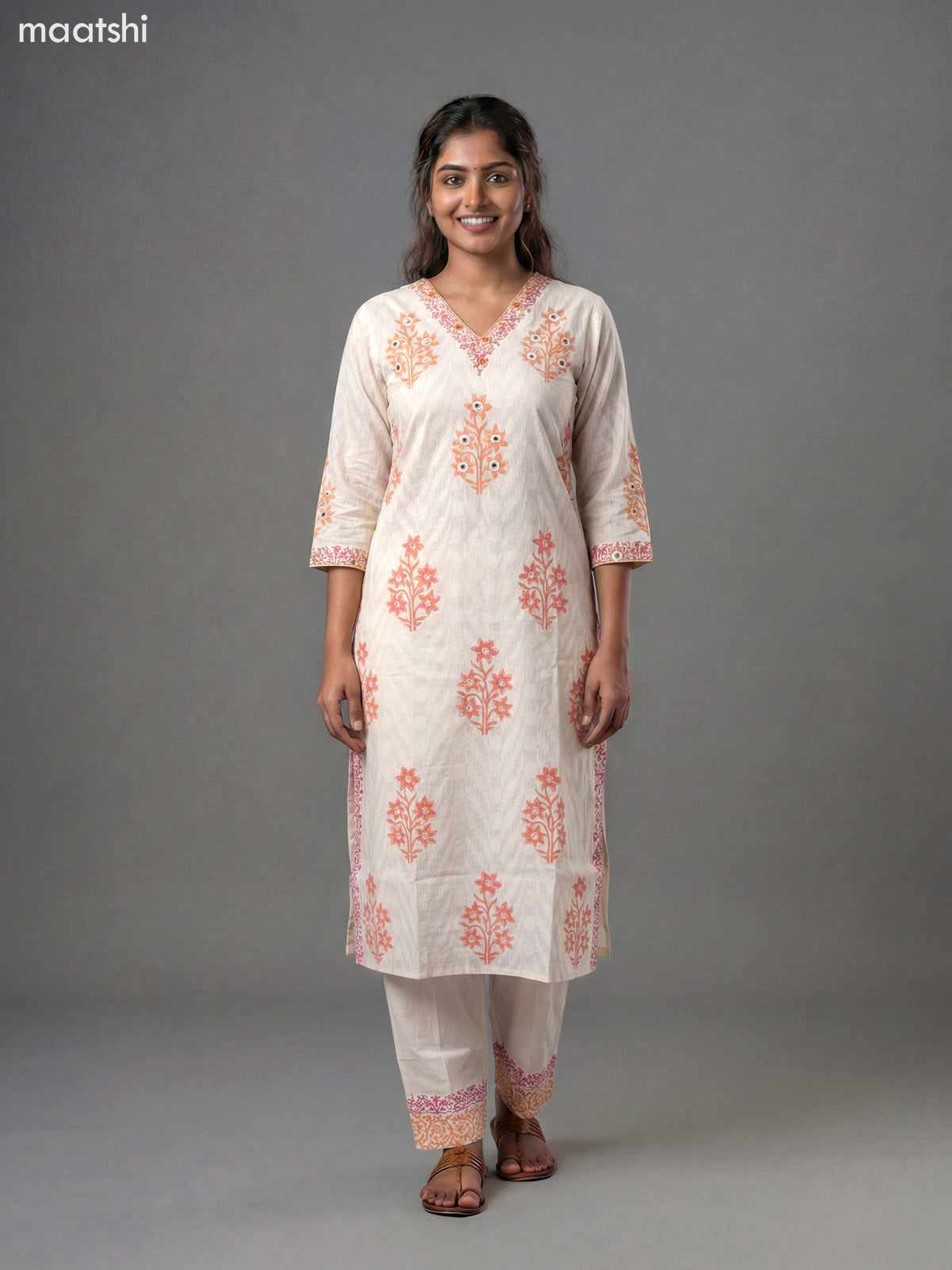 Off White and Peach Orange Cotton Block Printed & Mirror Work Straight Suit