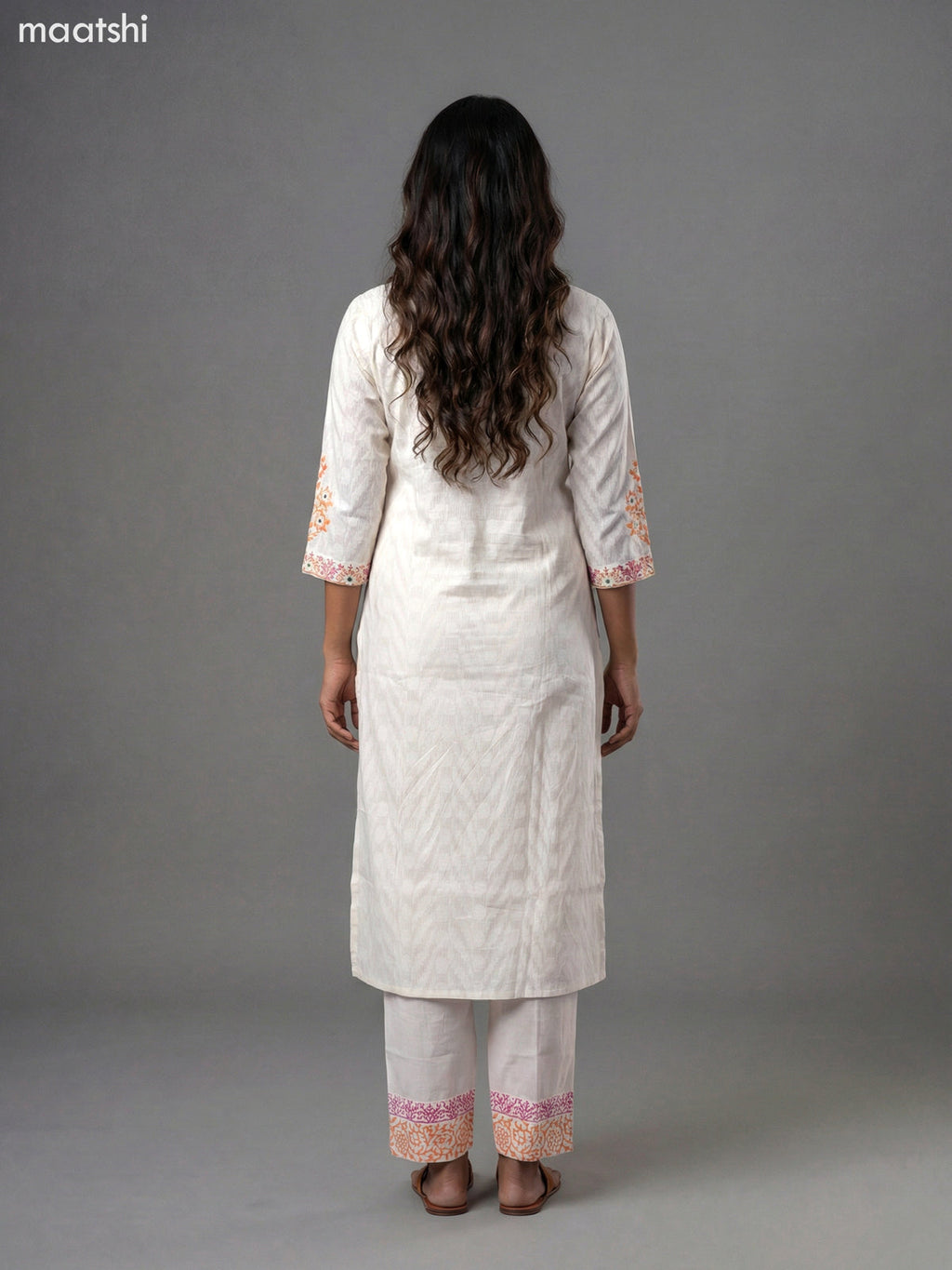 Off White and Peach Orange Cotton Block Printed & Mirror Work Straight Suit