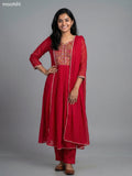 Reddish Pink Chanderi Embroidery & Mirror Work Anarkali Suit Straight Cut Pant
