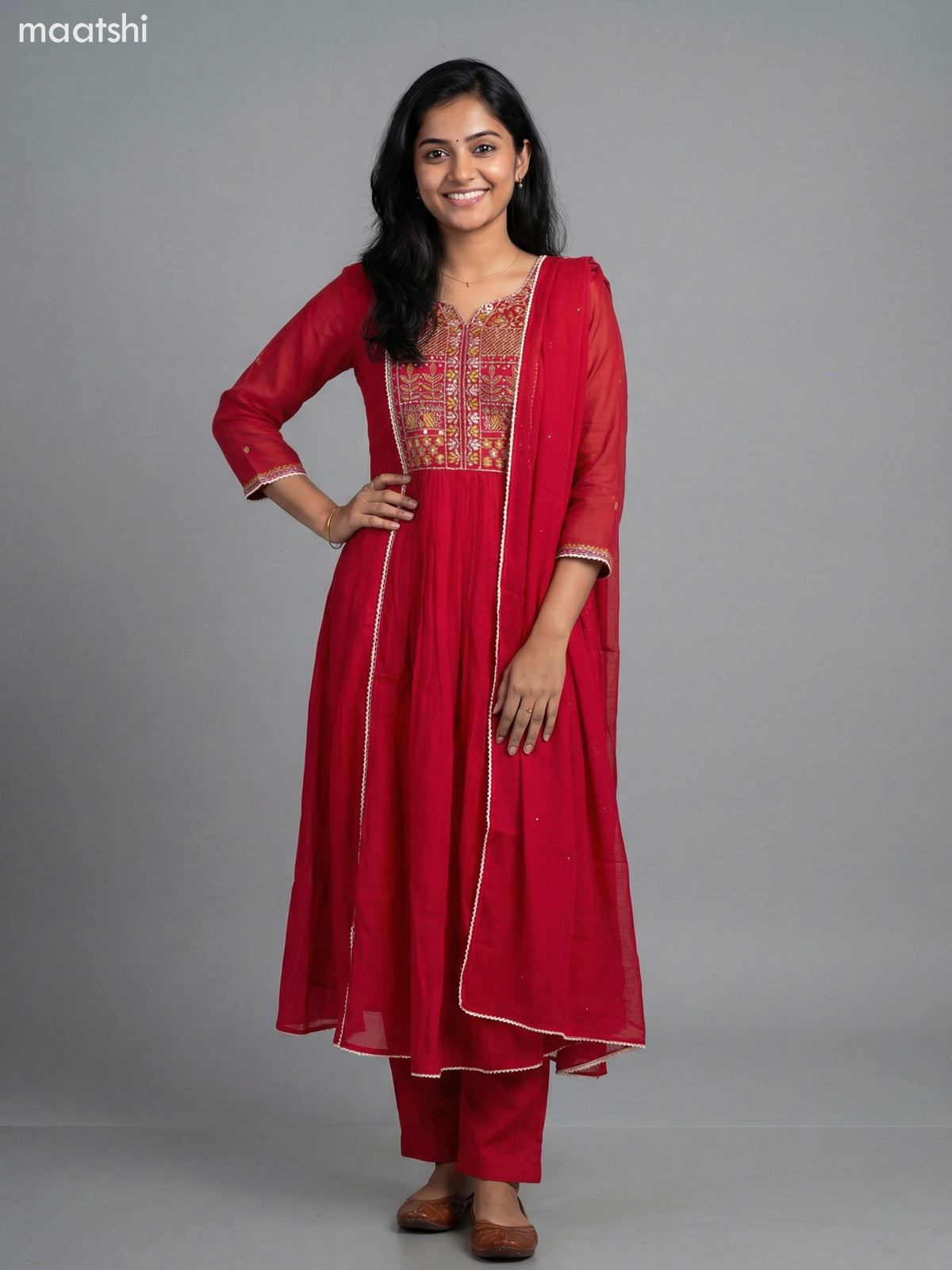 Reddish Pink Chanderi Embroidery & Mirror Work Anarkali Suit Straight Cut Pant