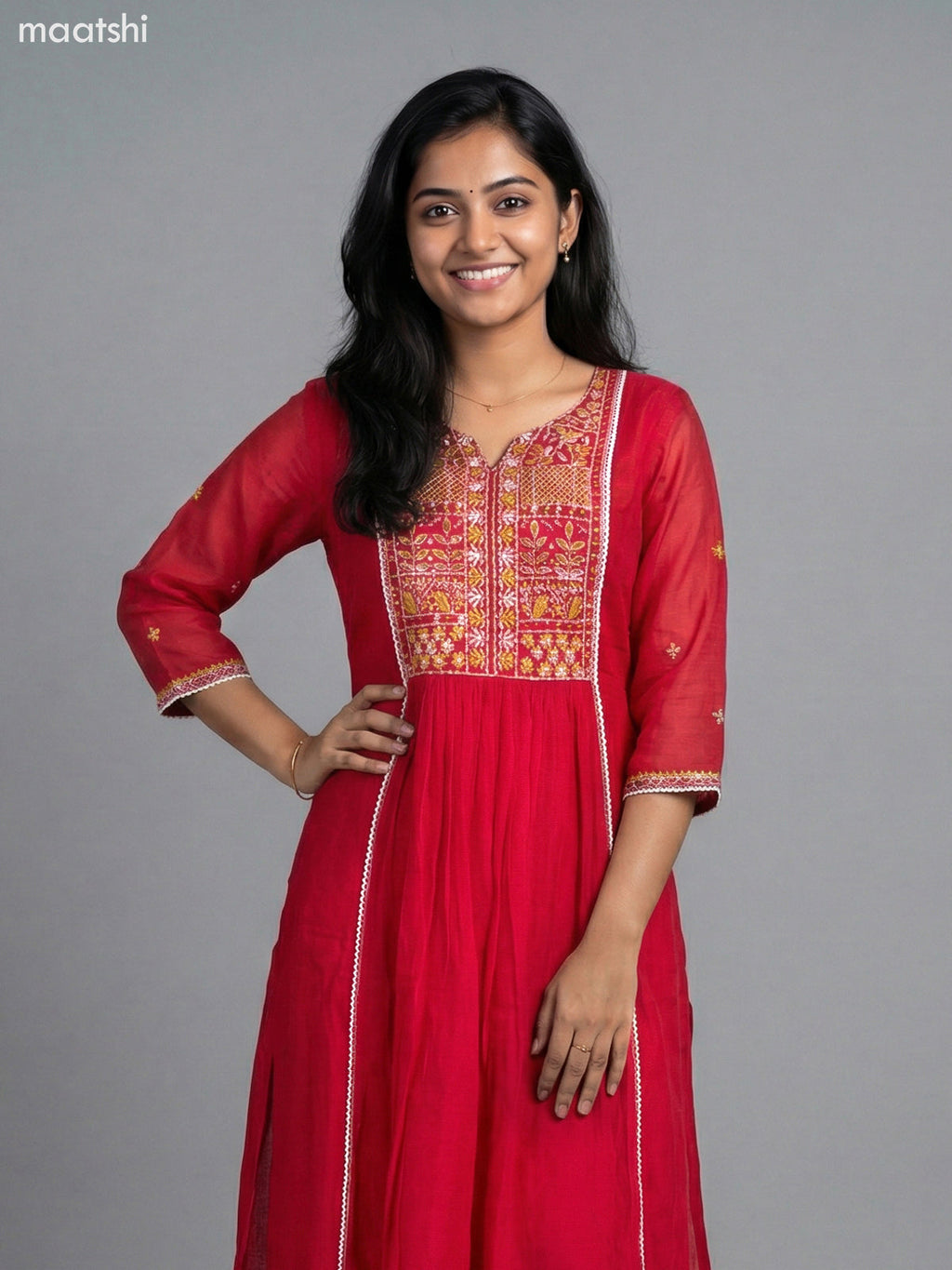 Reddish Pink Chanderi Embroidery & Mirror Work Anarkali Suit Straight Cut Pant