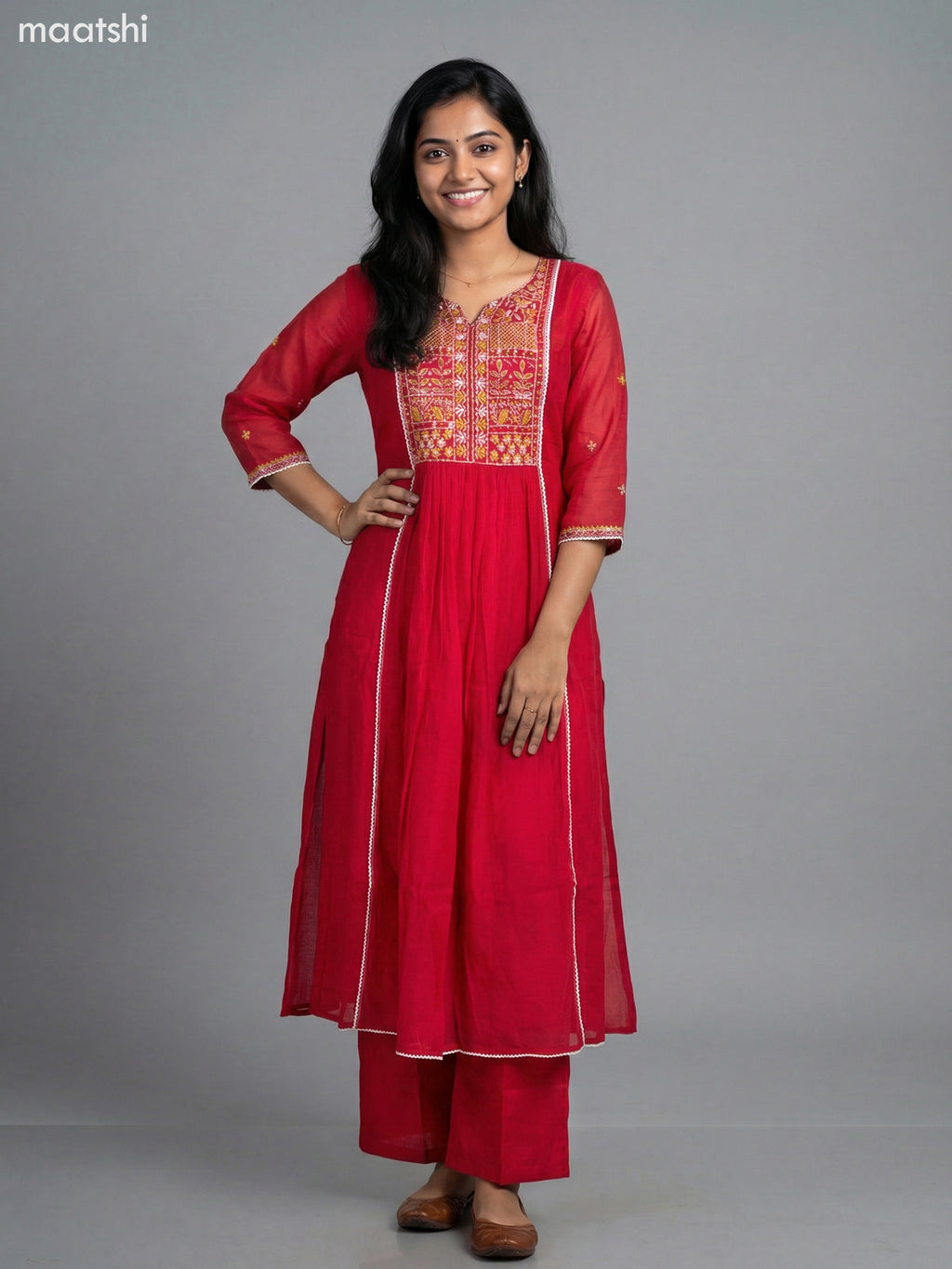 Reddish Pink Chanderi Embroidery & Mirror Work Anarkali Suit Straight Cut Pant