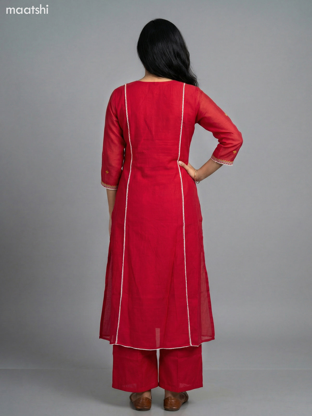 Reddish Pink Chanderi Embroidery & Mirror Work Anarkali Suit Straight Cut Pant