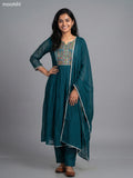 Teal Green Chanderi Embroidery & Mirror Work Anarkali Suit Straight Cut Pant
