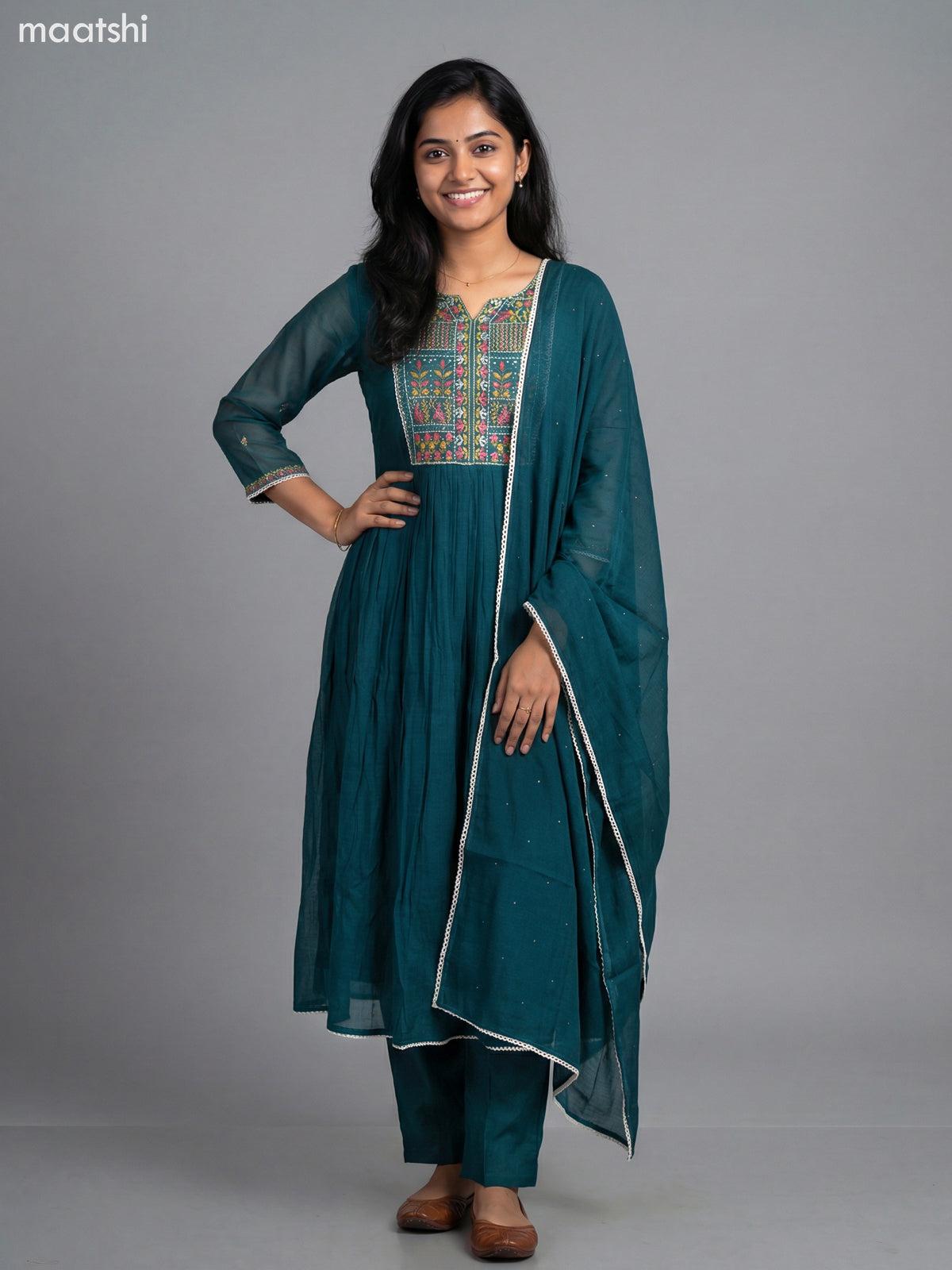 Teal Green Chanderi Embroidery & Mirror Work Anarkali Suit Straight Cut Pant