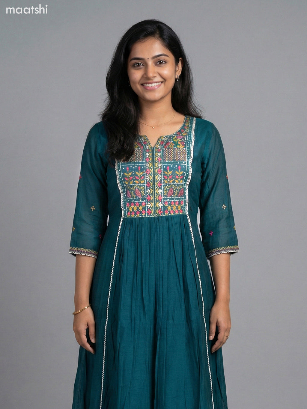 Teal Green Chanderi Embroidery & Mirror Work Anarkali Suit Straight Cut Pant