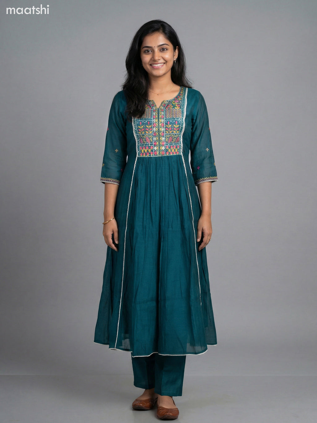 Teal Green Chanderi Embroidery & Mirror Work Anarkali Suit Straight Cut Pant