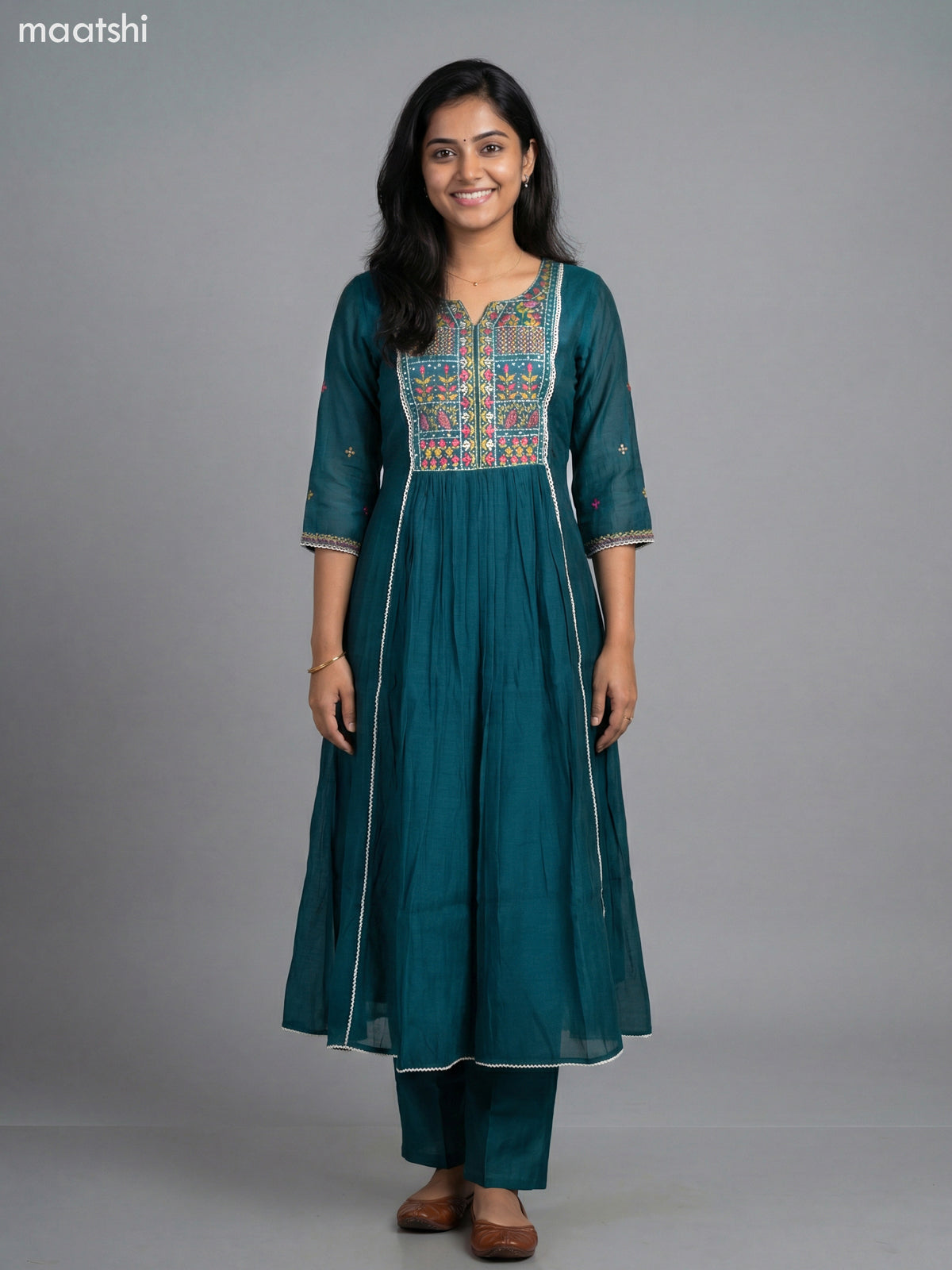 Teal Green Chanderi Embroidery & Mirror Work Anarkali Suit Straight Cut Pant