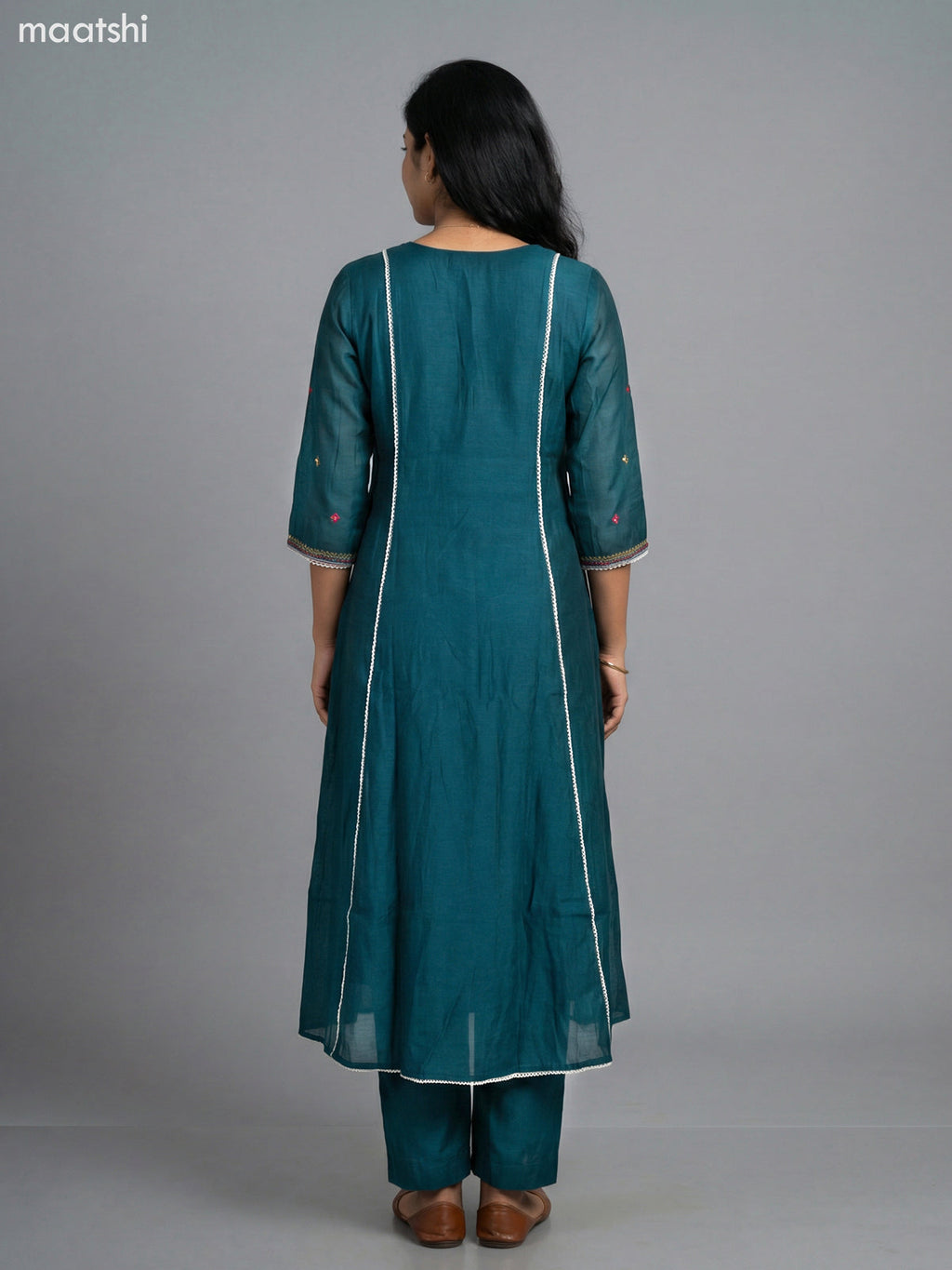 Teal Green Chanderi Embroidery & Mirror Work Anarkali Suit Straight Cut Pant