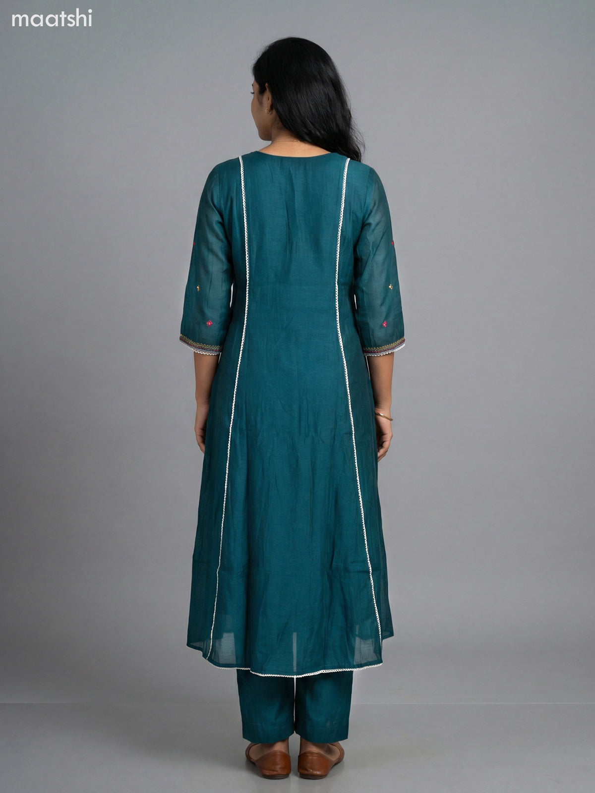 Teal Green Chanderi Embroidery & Mirror Work Anarkali Suit Straight Cut Pant