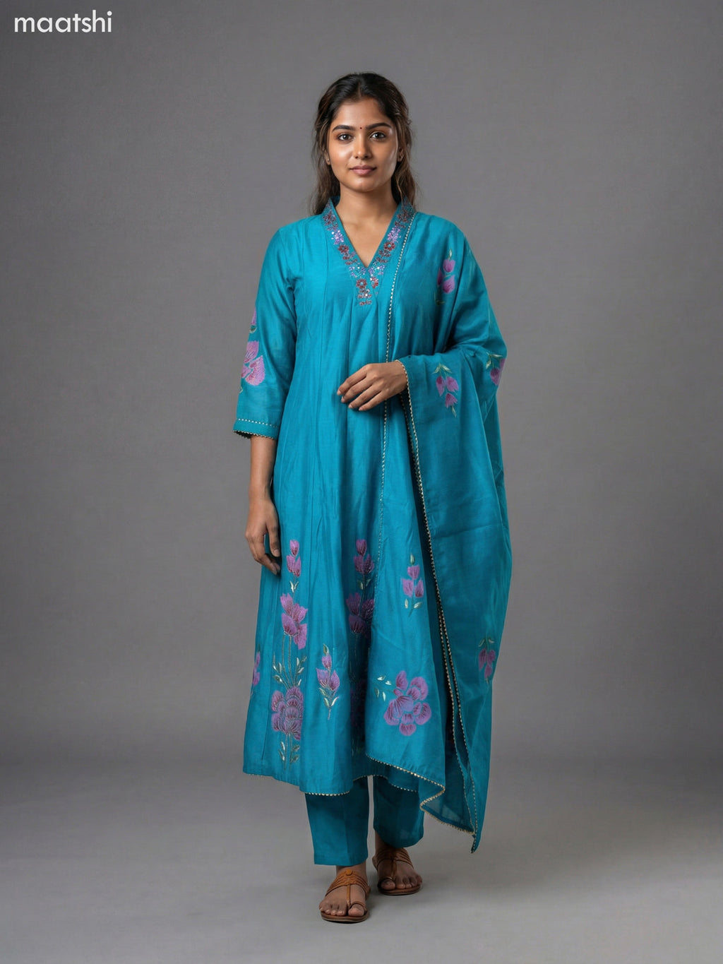 Teal Blue Chanderi Embroidery & Mirror Work Anarkali Suit Straight Cut Pant