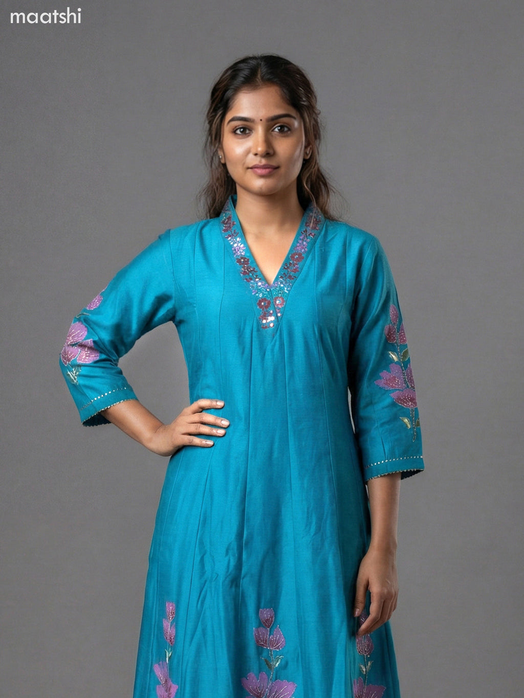 Teal Blue Chanderi Embroidery & Mirror Work Anarkali Suit Straight Cut Pant