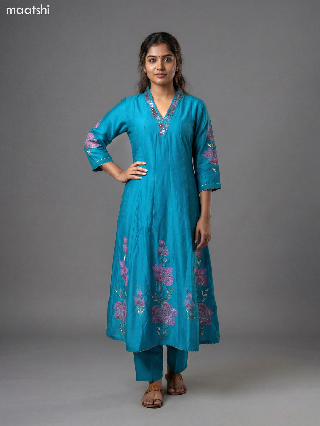 Teal Blue Chanderi Embroidery & Mirror Work Anarkali Suit Straight Cut Pant