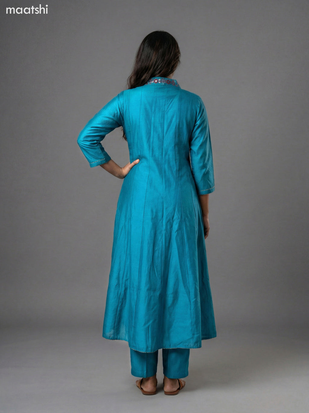 Teal Blue Chanderi Embroidery & Mirror Work Anarkali Suit Straight Cut Pant