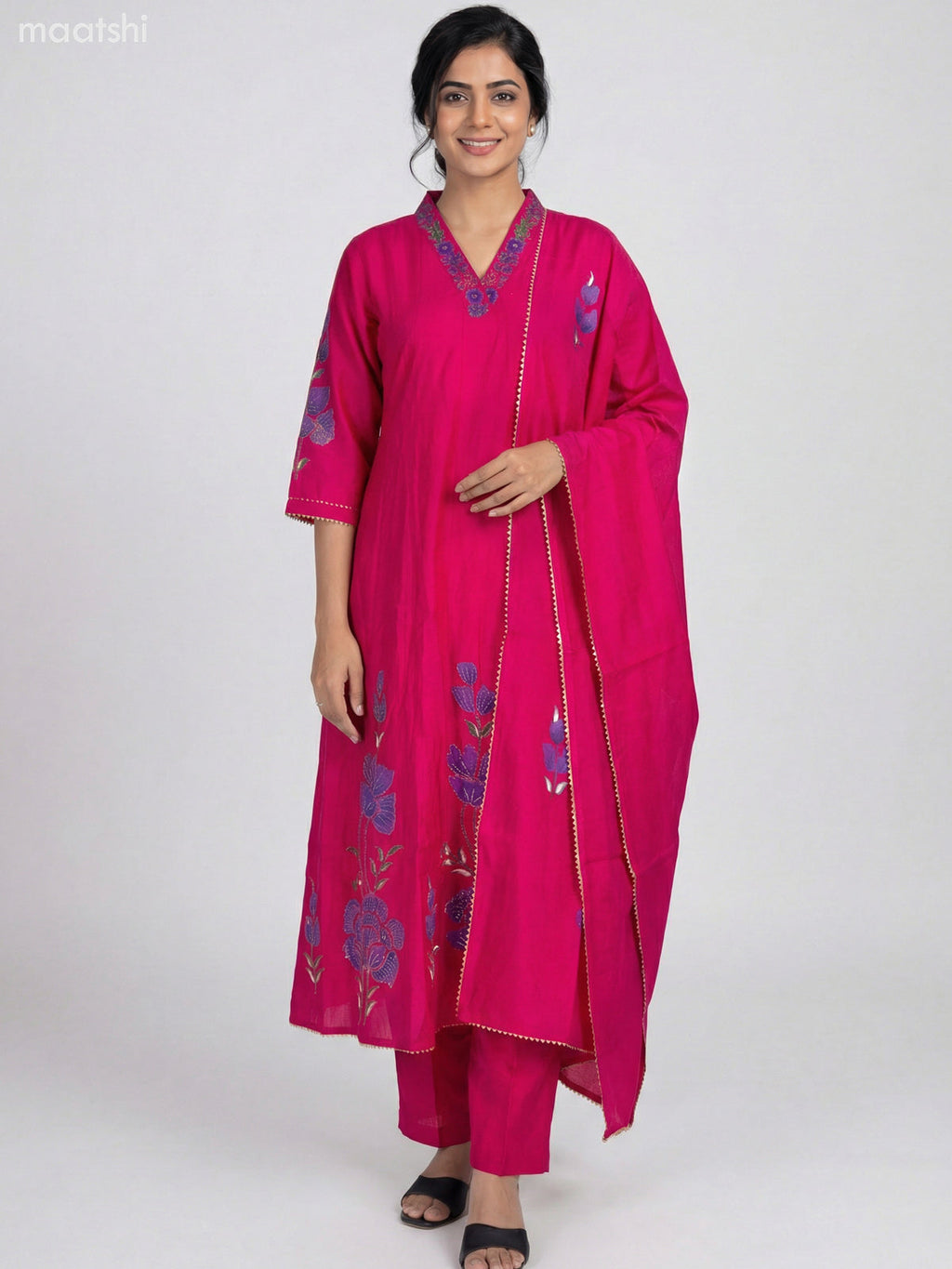 Pink Chanderi Embroidery & Mirror Work Anarkali Suit Straight Cut Pant