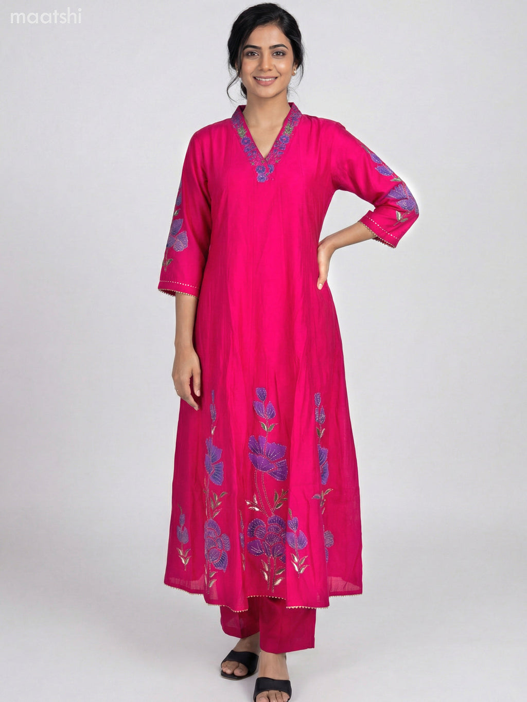 Pink Chanderi Embroidery & Mirror Work Anarkali Suit Straight Cut Pant