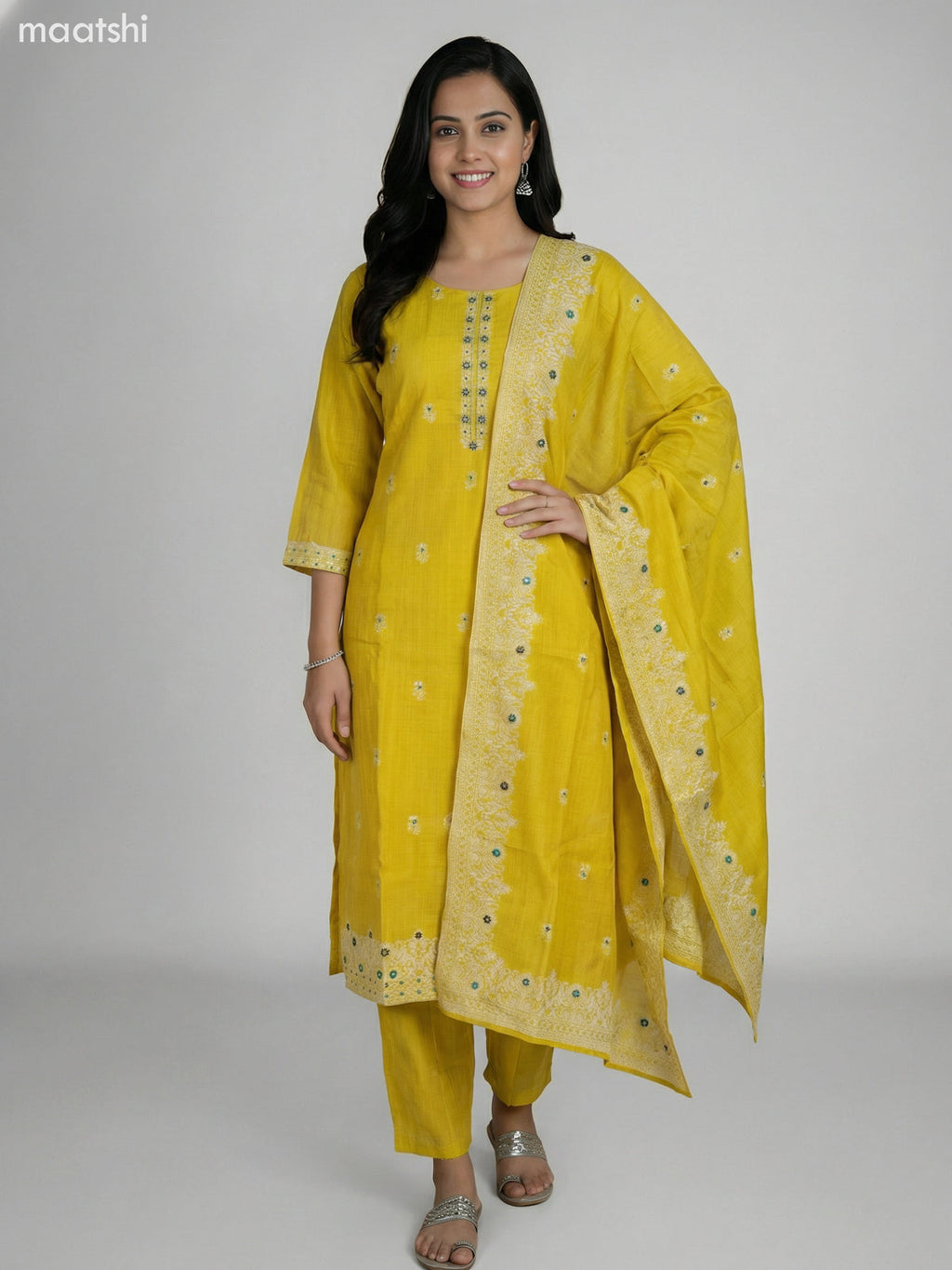 Lime Yellow Chanderi Thread Embroidery Work Straight Suit