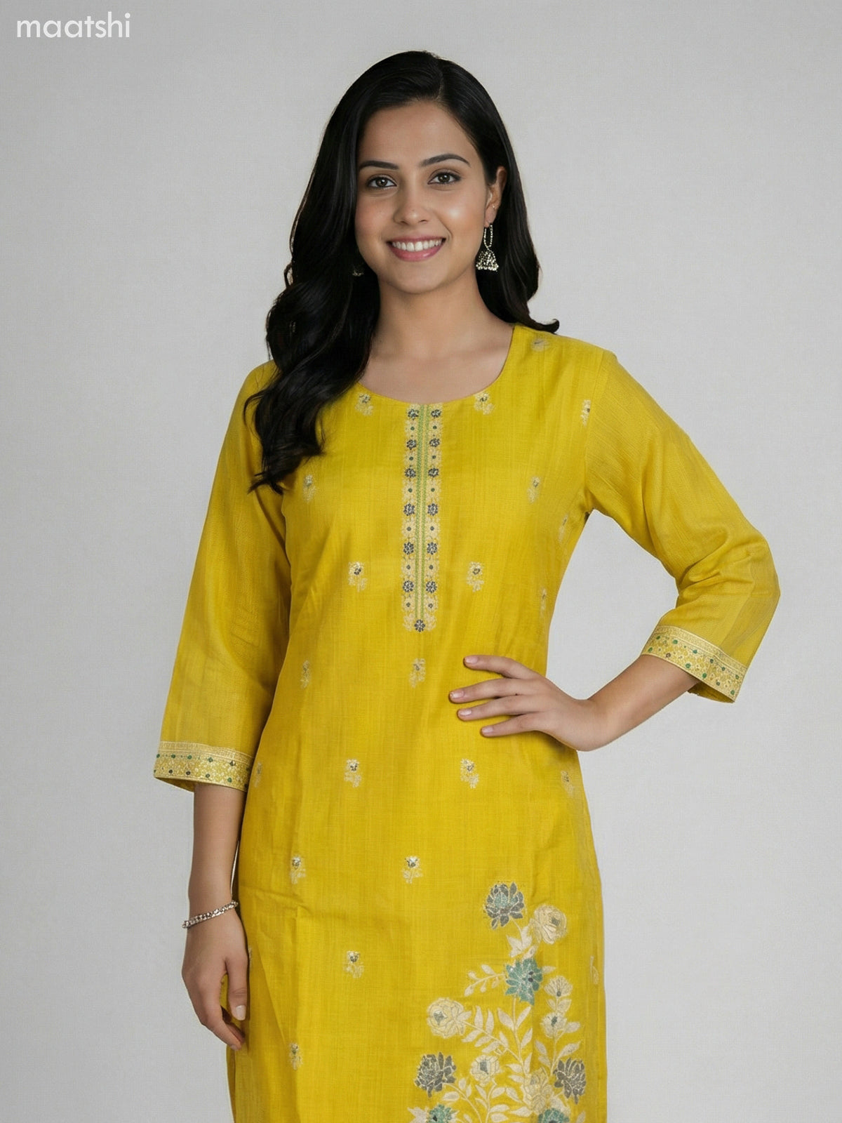 Lime Yellow Chanderi Thread Embroidery Work Straight Suit