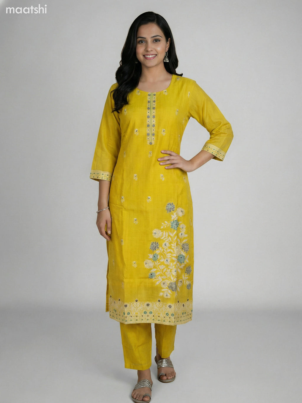 Lime Yellow Chanderi Thread Embroidery Work Straight Suit