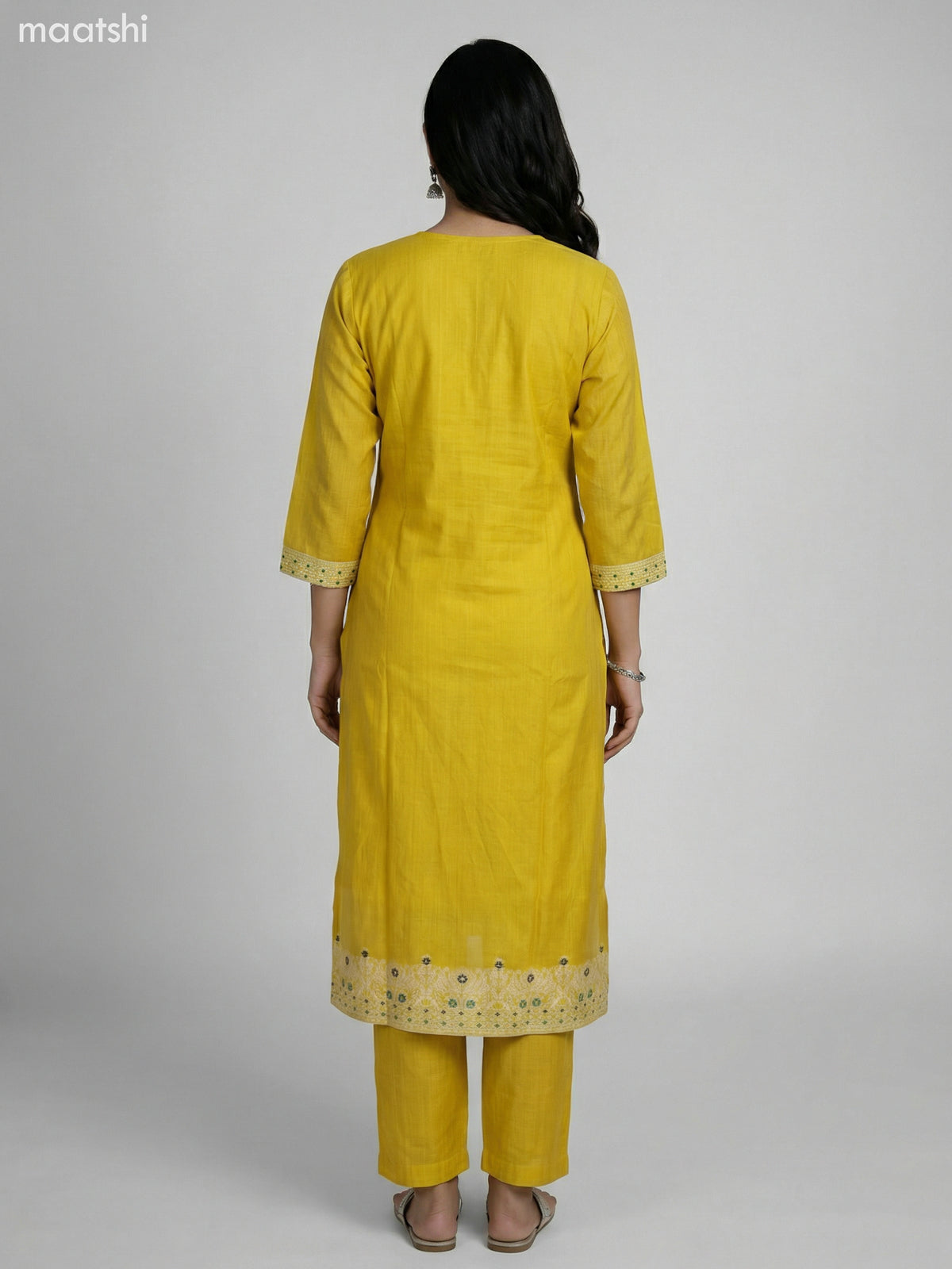 Lime Yellow Chanderi Thread Embroidery Work Straight Suit