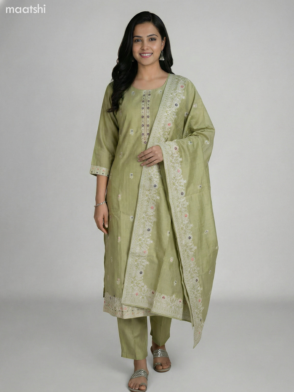 Pastel Green Chanderi Thread Embroidery Work Straight Suit