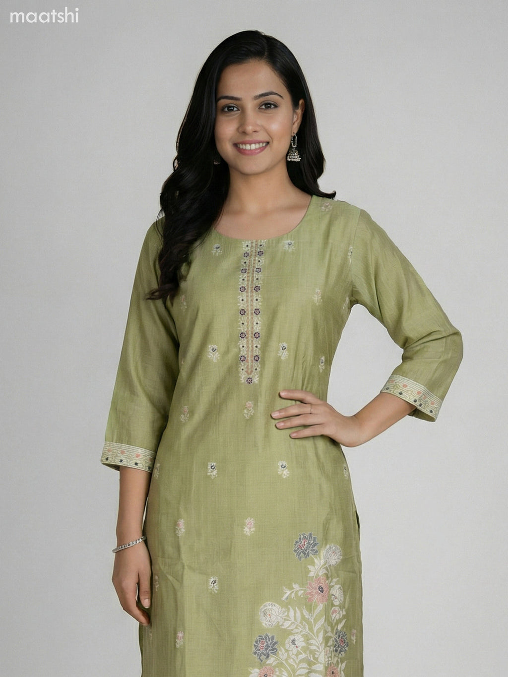 Pastel Green Chanderi Thread Embroidery Work Straight Suit
