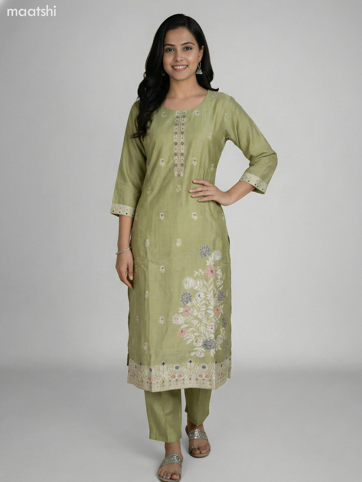 Pastel Green Chanderi Thread Embroidery Work Straight Suit