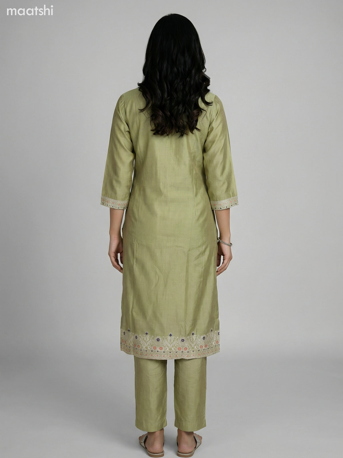 Pastel Green Chanderi Thread Embroidery Work Straight Suit