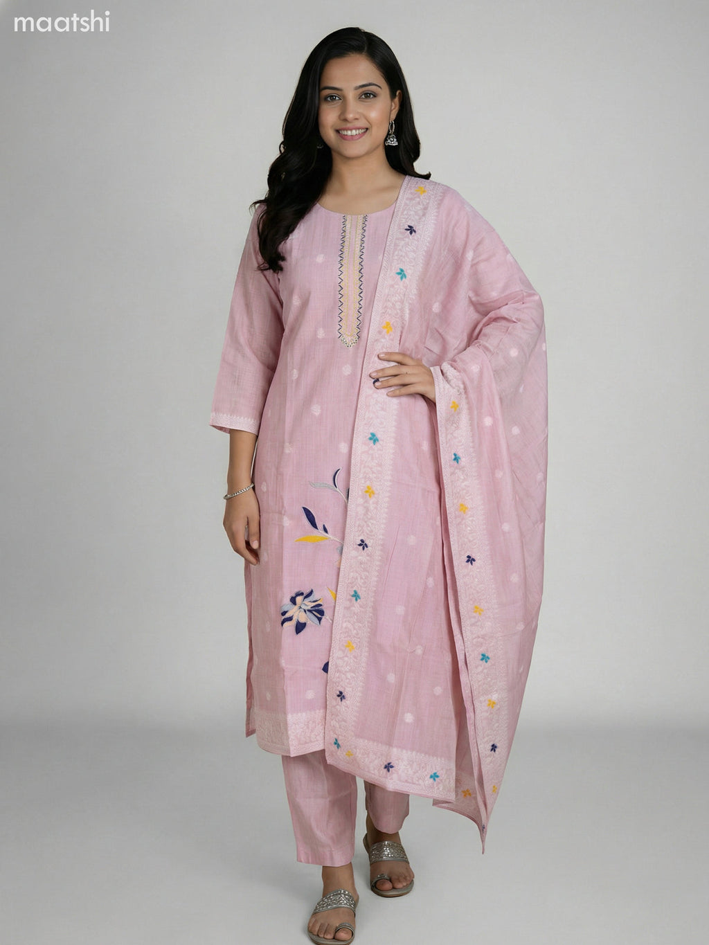 Pastel Pink Chanderi Thread Embroidery Work Straight Suit