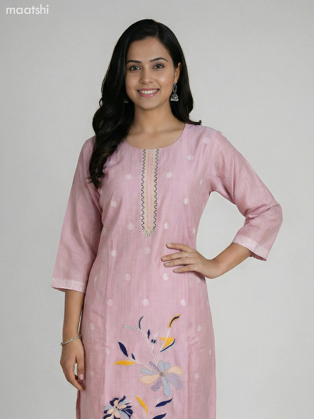 Pastel Pink Chanderi Thread Embroidery Work Straight Suit