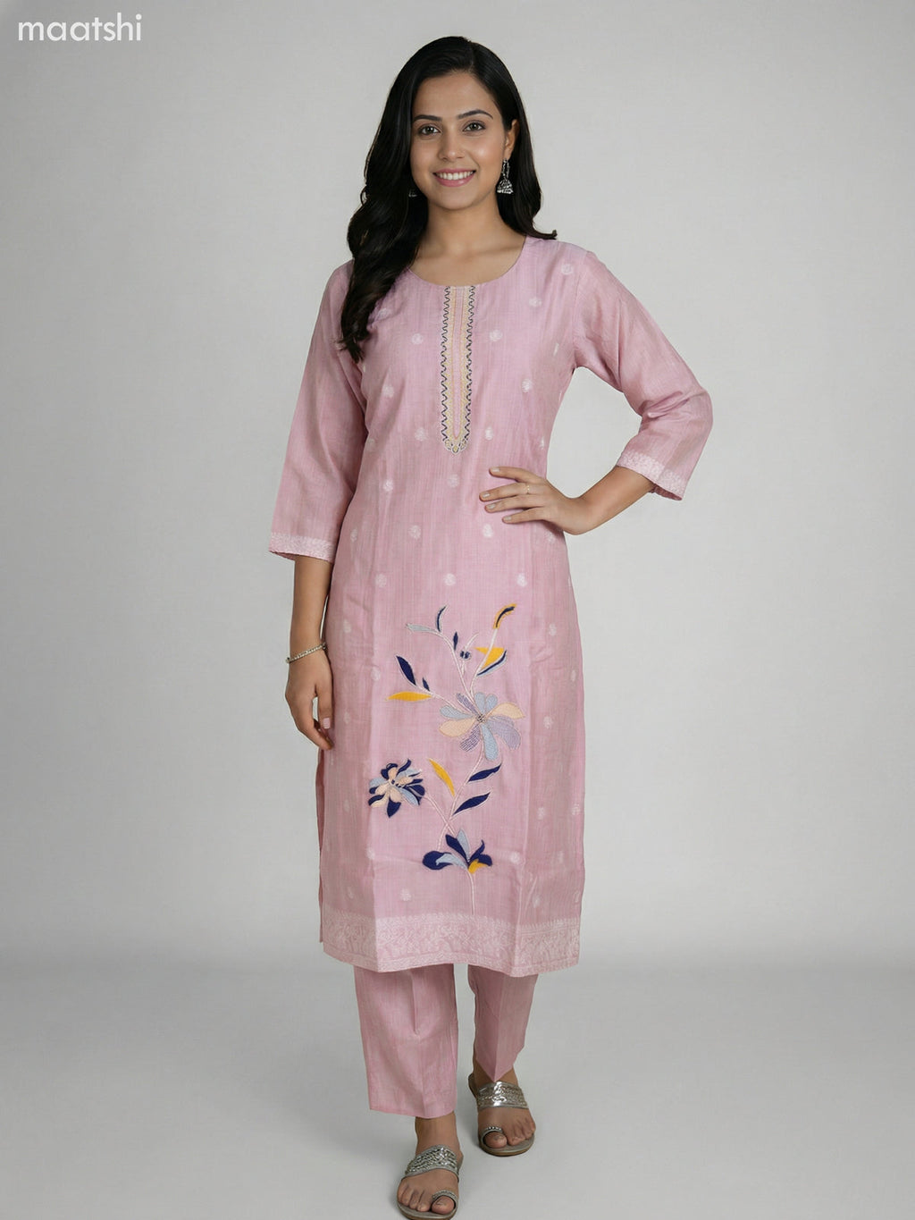 Pastel Pink Chanderi Thread Embroidery Work Straight Suit