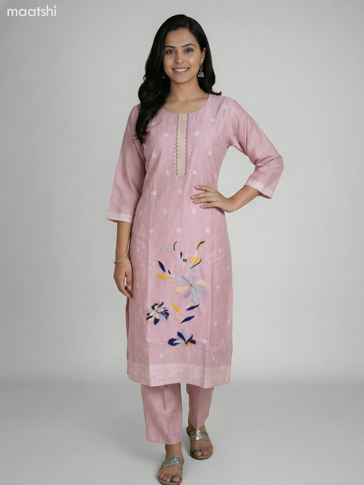 Pastel Pink Chanderi Thread Embroidery Work Straight Suit