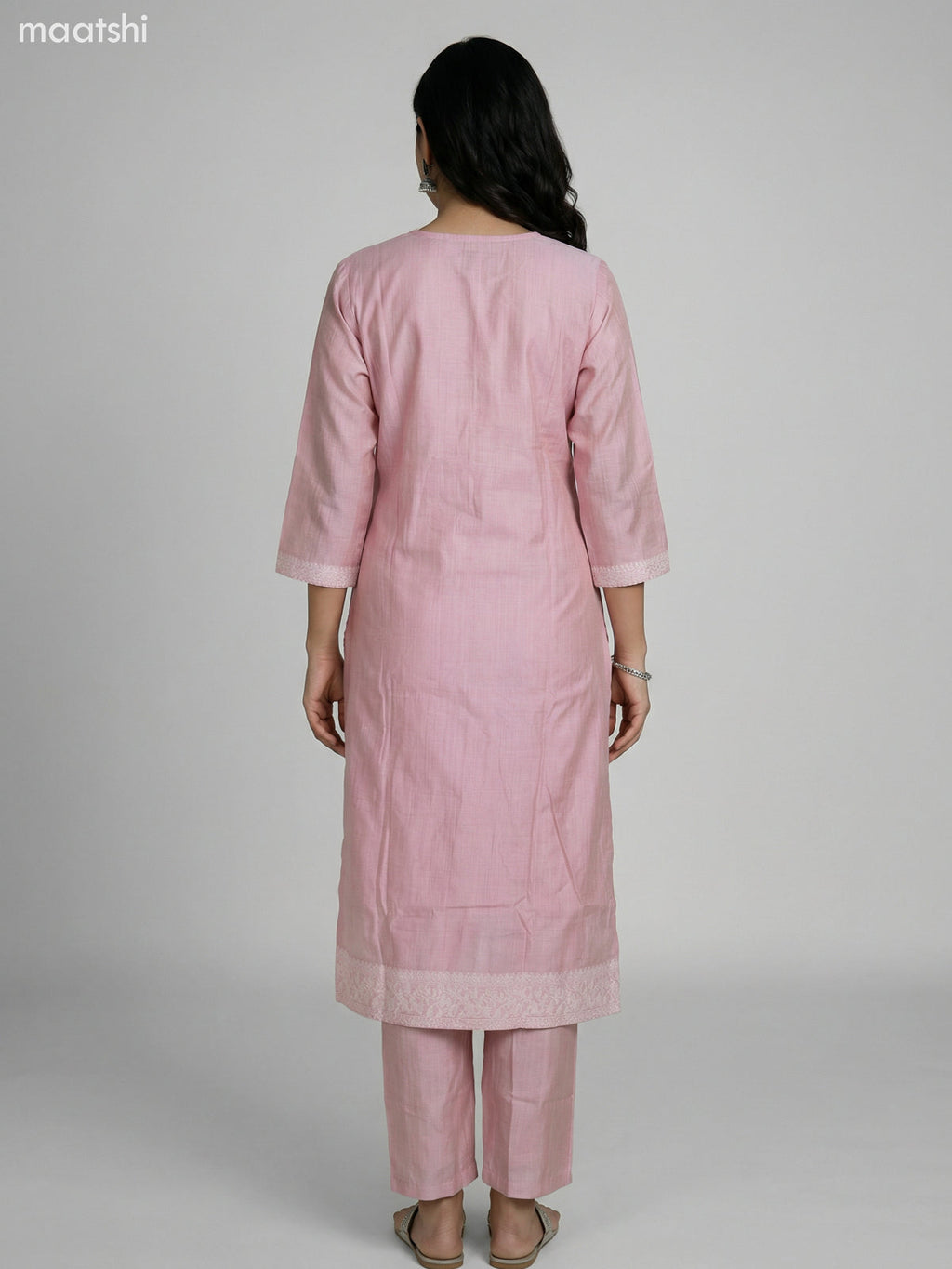 Pastel Pink Chanderi Thread Embroidery Work Straight Suit