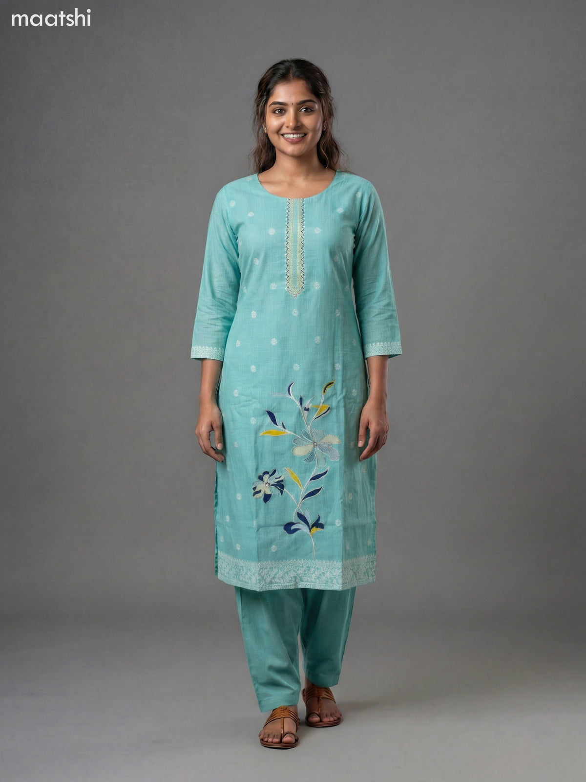 Teal Blue Chanderi Thread Embroidery Work Straight Suit