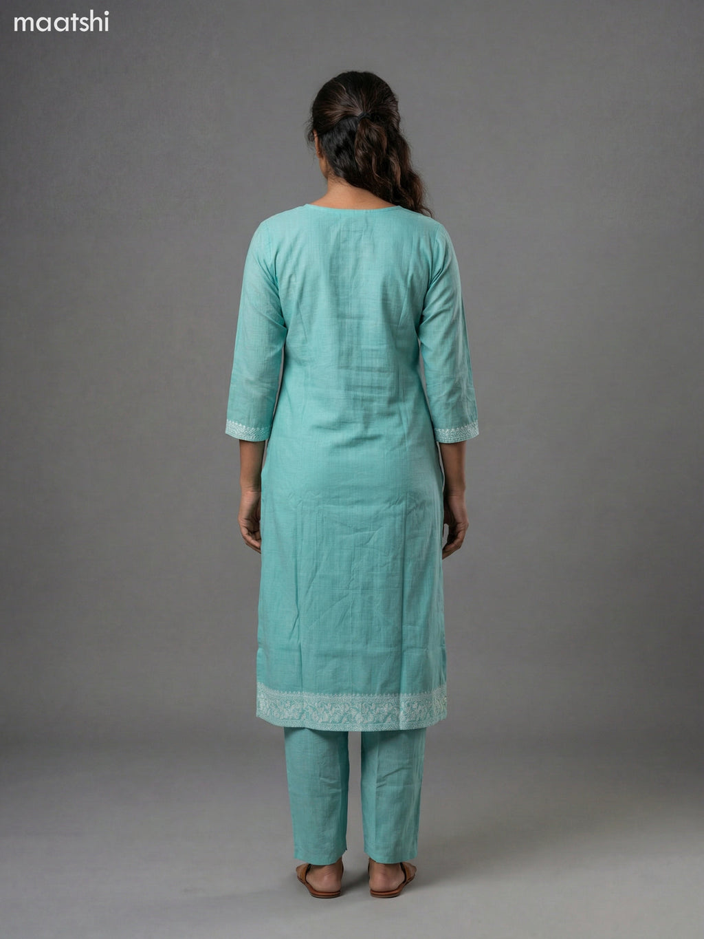 Teal Blue Chanderi Thread Embroidery Work Straight Suit