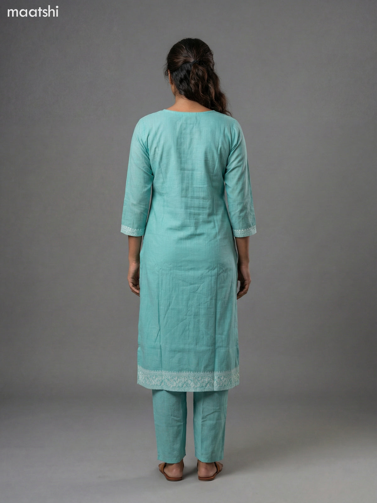 Teal Blue Chanderi Thread Embroidery Work Straight Suit