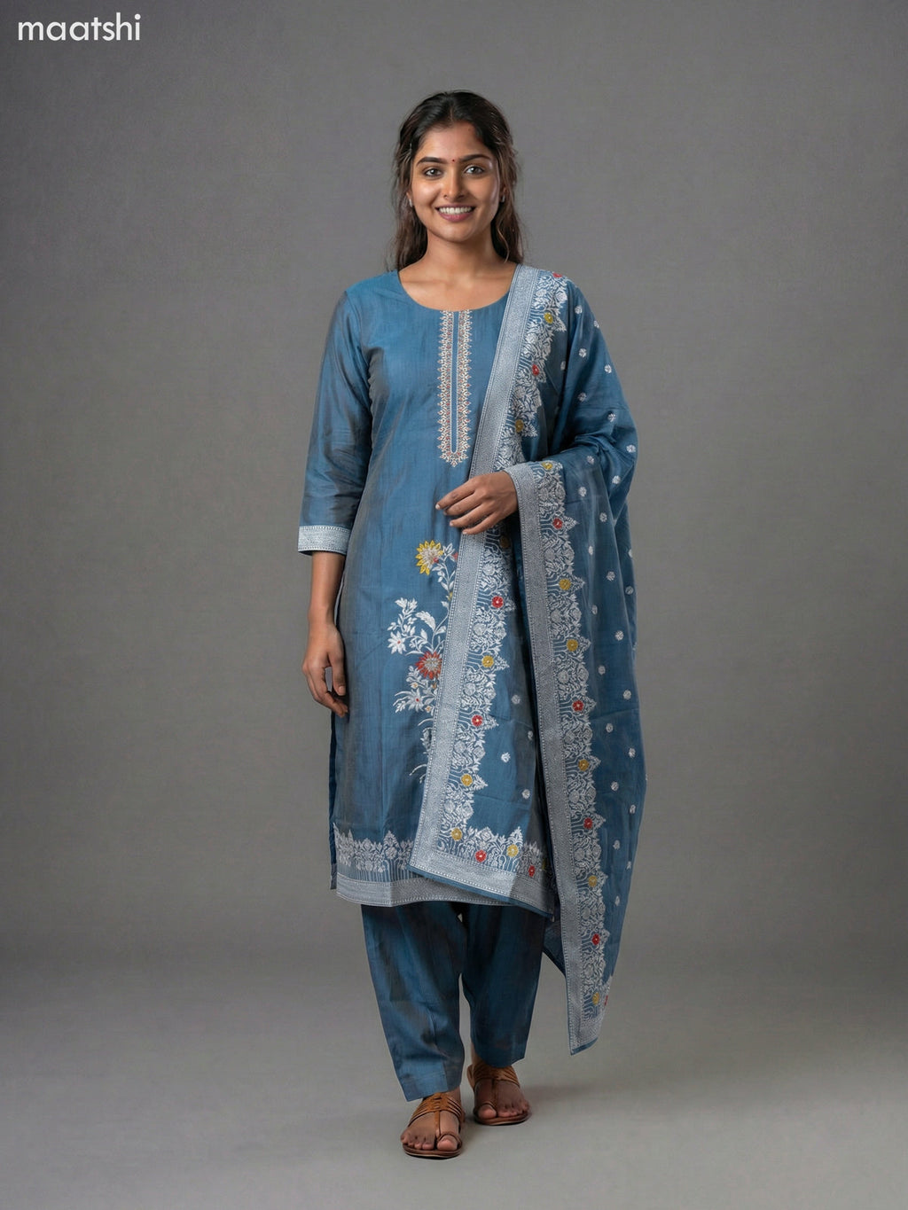 Blue Shade Chanderi Thread Embroidery Work Straight Suit