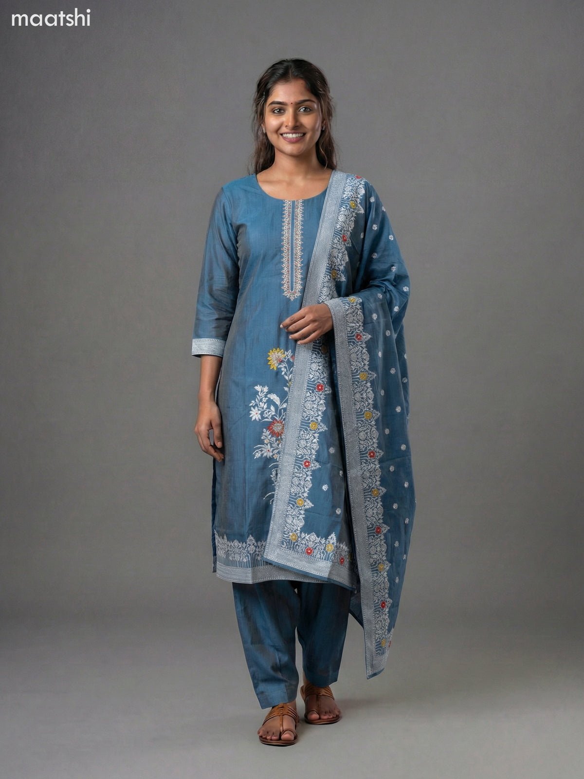 Blue Shade Chanderi Thread Embroidery Work Straight Suit