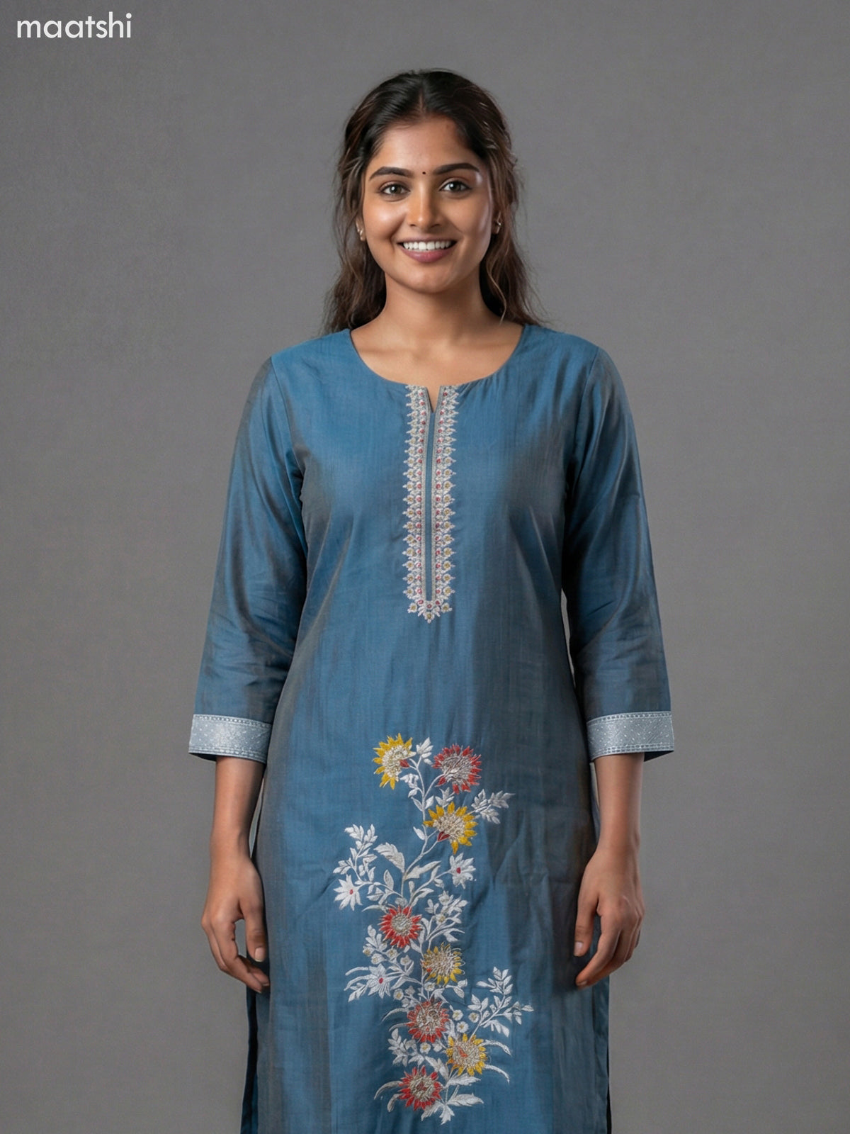 Blue Shade Chanderi Thread Embroidery Work Straight Suit