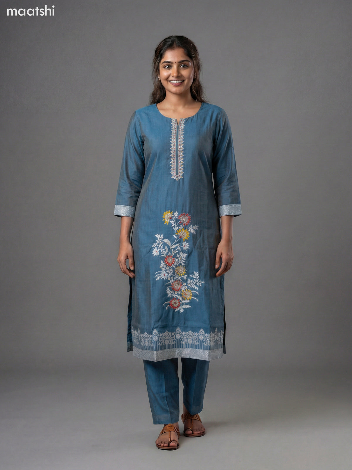 Blue Shade Chanderi Thread Embroidery Work Straight Suit