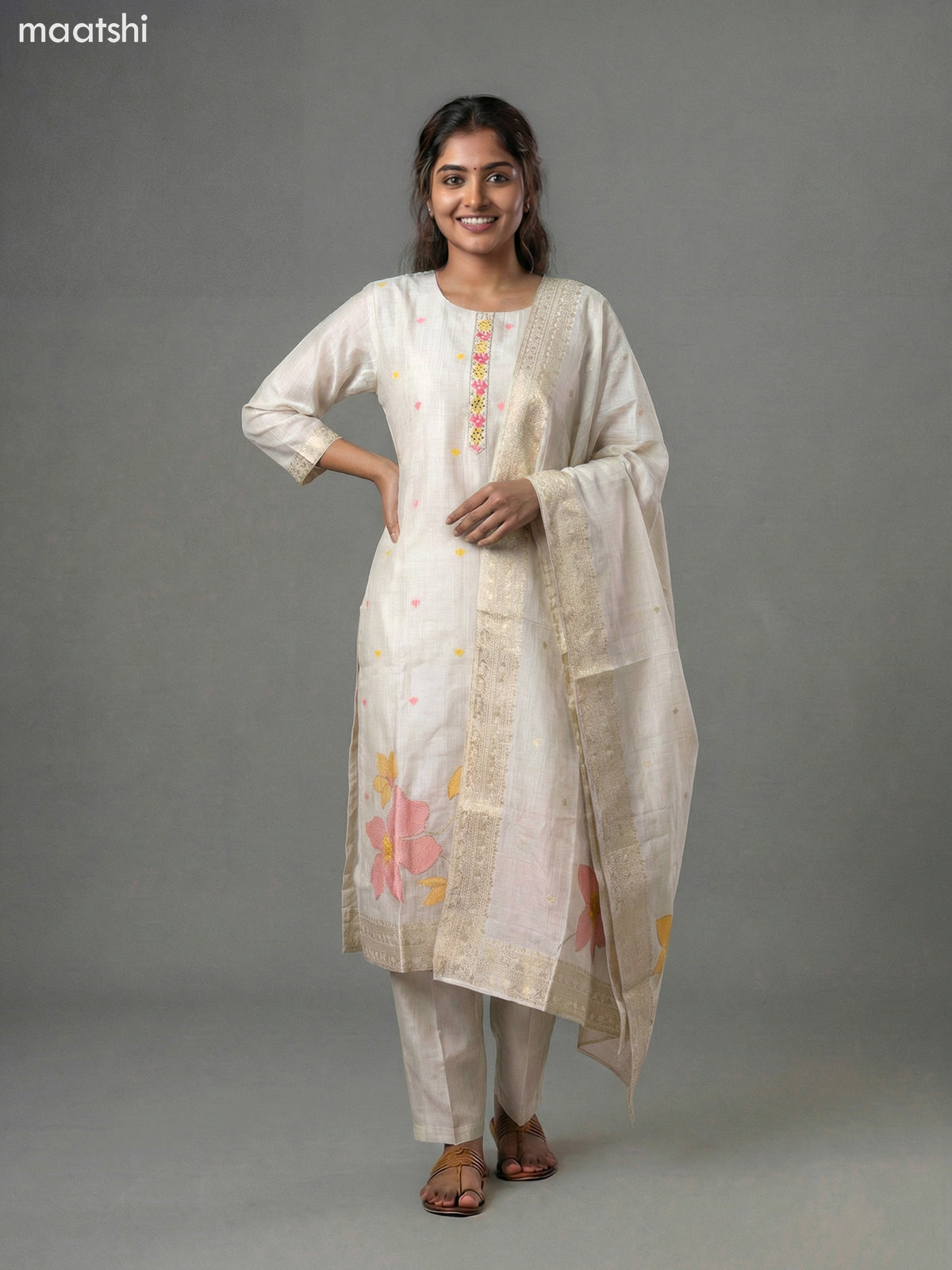 Beige Chanderi Thread Embroidery & Mirror Work Straight Suit
